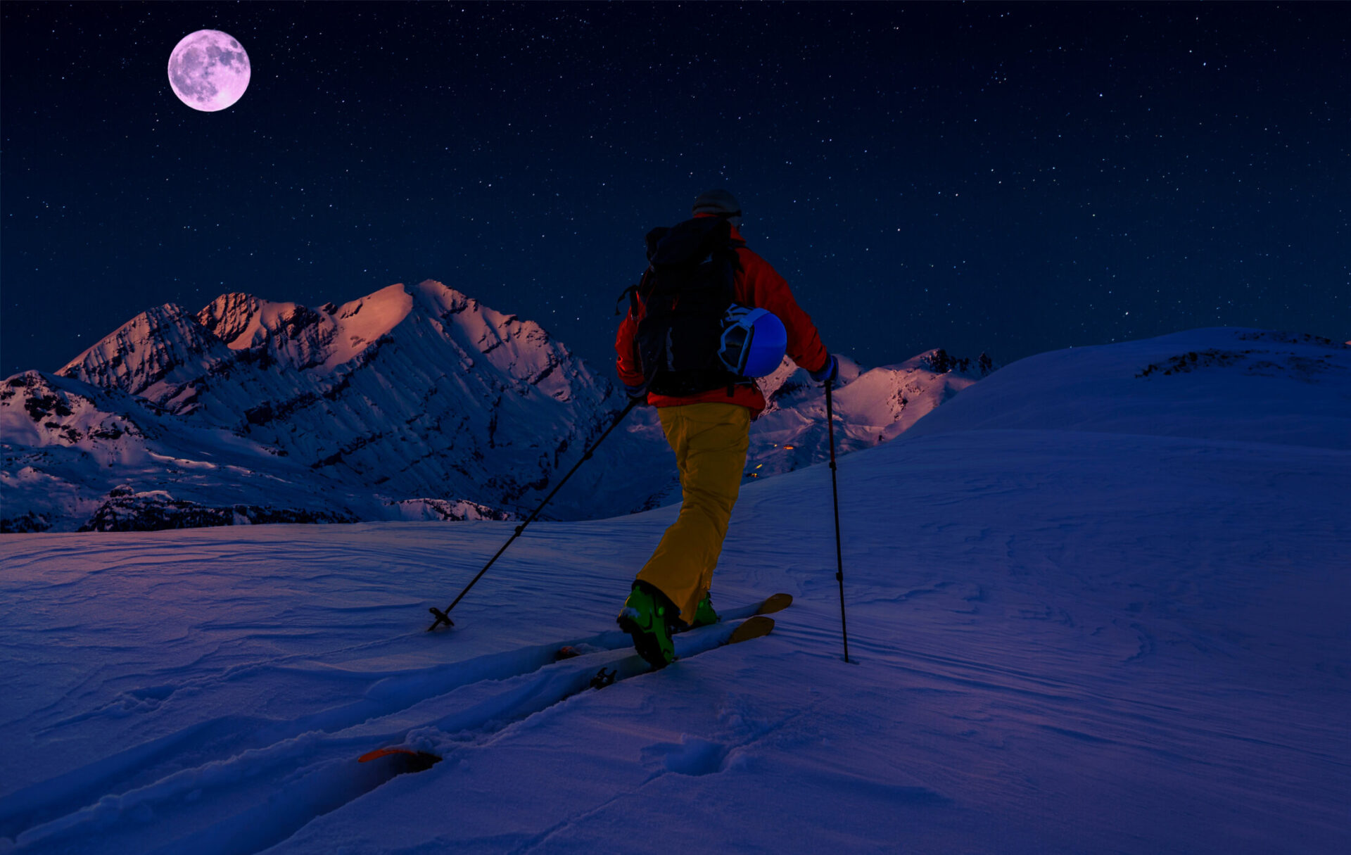 Scenic night backcountry ski panorama sunset landscape of Crans-Montana range in Swiss Alps mountains with peak in background, Verbier, Switzerland.