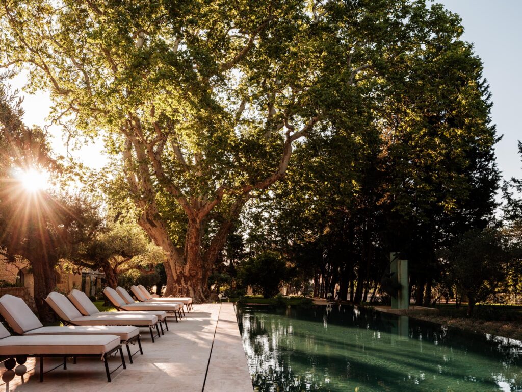 Luxury country house Provence swimming pool at sunset