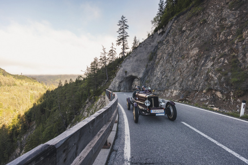 Road trip in Lech Austria in classic car round the mountains