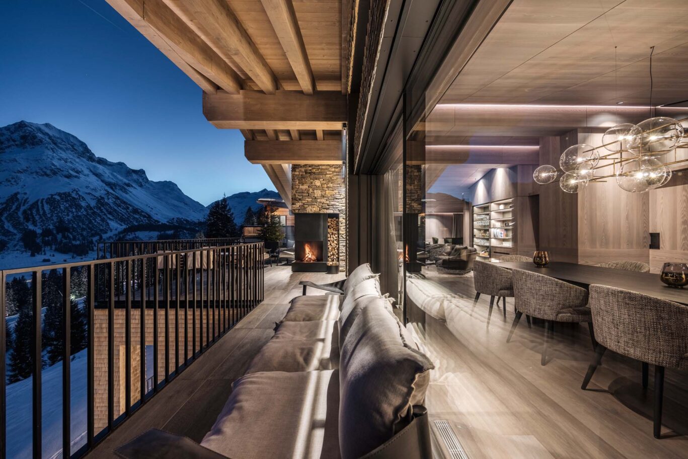 balcony from exclusive private chalet in lech at night