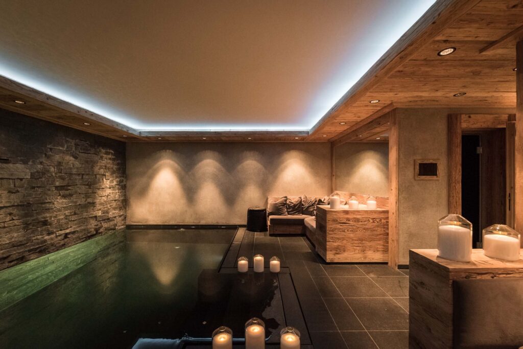 Luxury chalet Spa Gstaad with candles and soft lighting