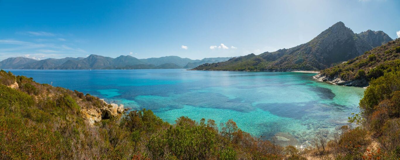 Panoramic view of coastline of Desert des Agriates in Corsica